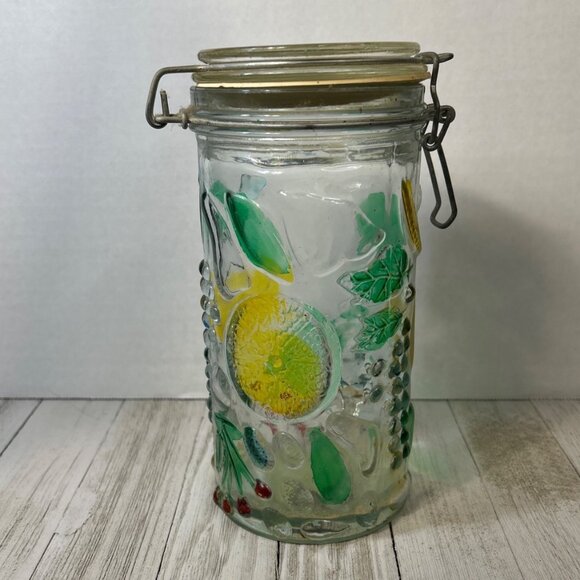 Vintage Canister Jar Storage Glass Fruit Embossed Wire Bale Lid - Set Of 3 - Picture 4 of 10